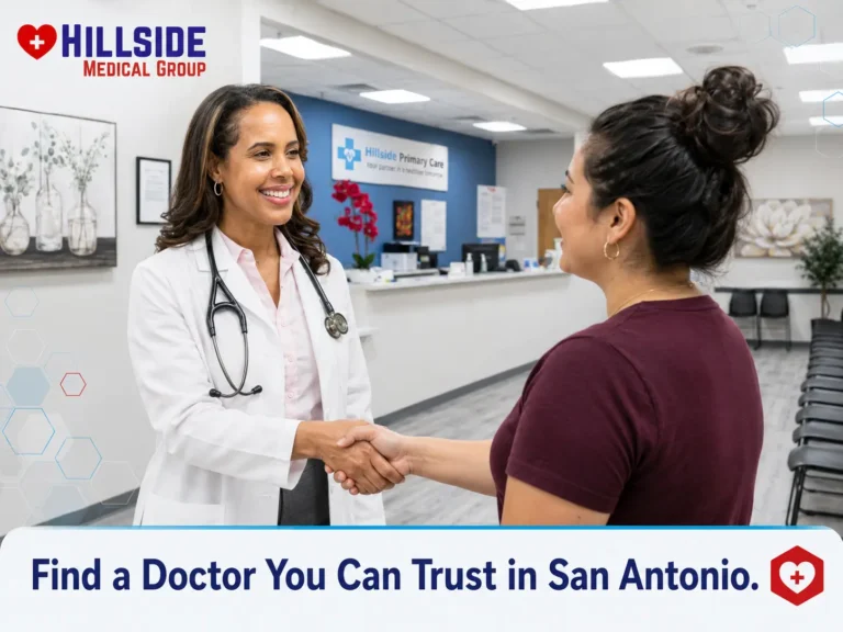 A doctor warmly greeting a patient at Hillside Medical Group primary care clinic in San Antonio, TX